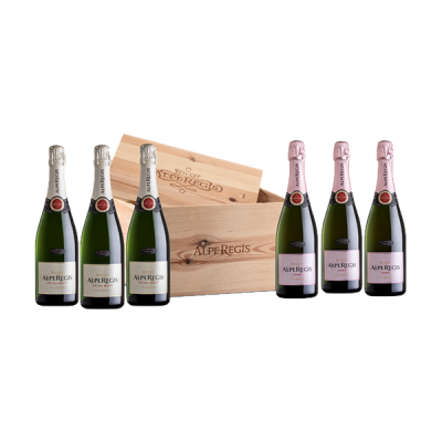 Confezione in legno da 6 bott. AlpeRegis Extrabrut e Rosé